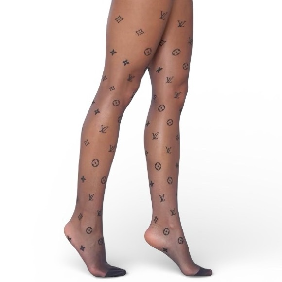 LV Logo Elegant Black Patterned Tights - Picture 2 of 3